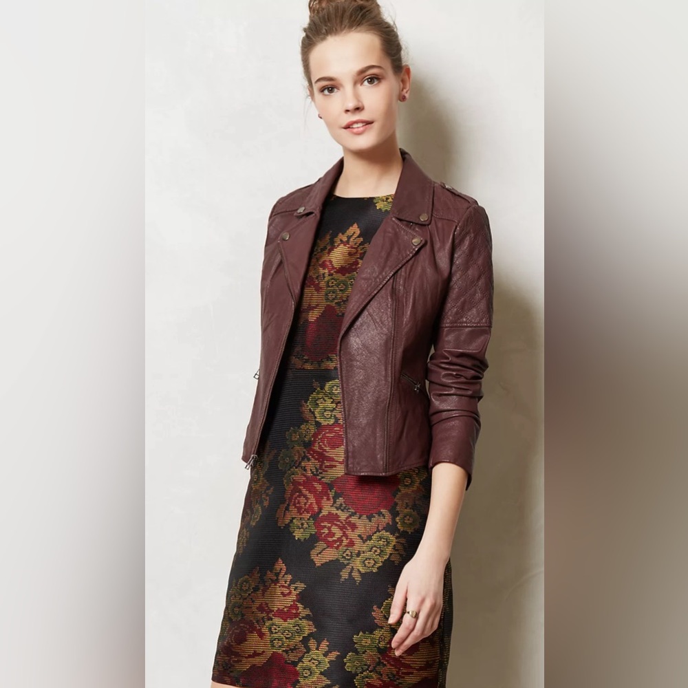Anthropologie Sanctuary Dark Red Wine Burgundy Quilted Leather Moto, size small
